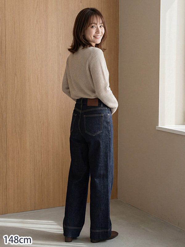 「身長148cm以上向け」小柄さん向け ハイウエストゆったりストレートデニムパンツ