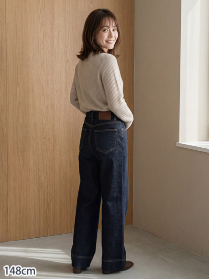 「身長148cm以上向け」小柄さん向け ハイウエストゆったりストレートデニムパンツ