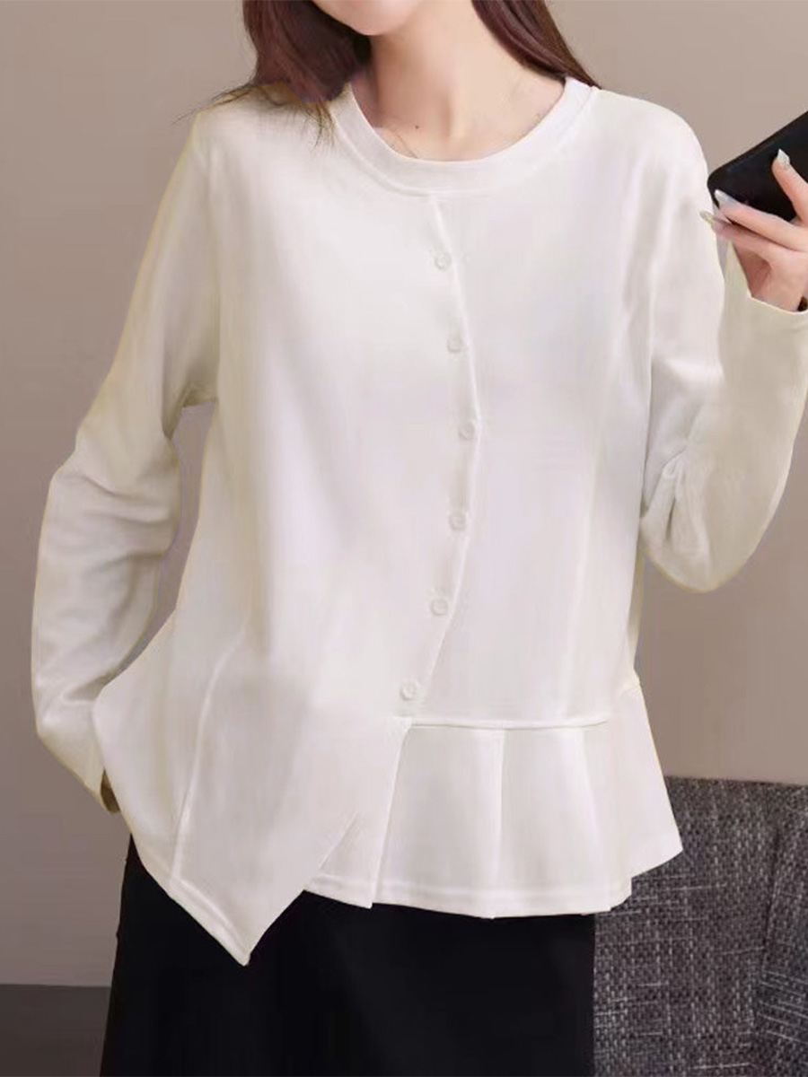 無地ソフトなアシンメトリーデザイン長袖Tシャツ