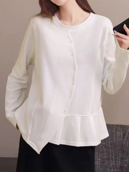 無地ソフトなアシンメトリーデザイン長袖Tシャツ