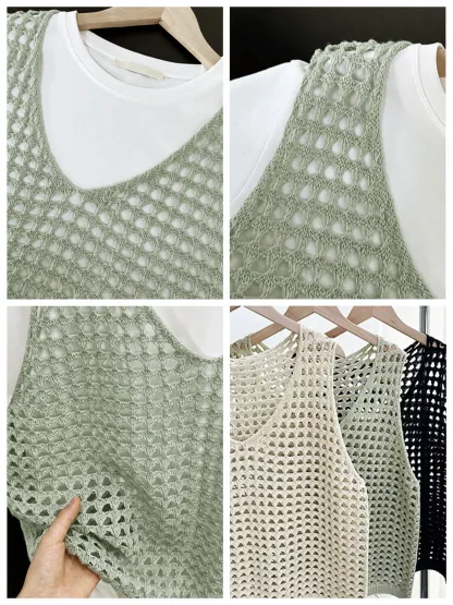 ゆったり透かし編みニットベストレイヤードジレ