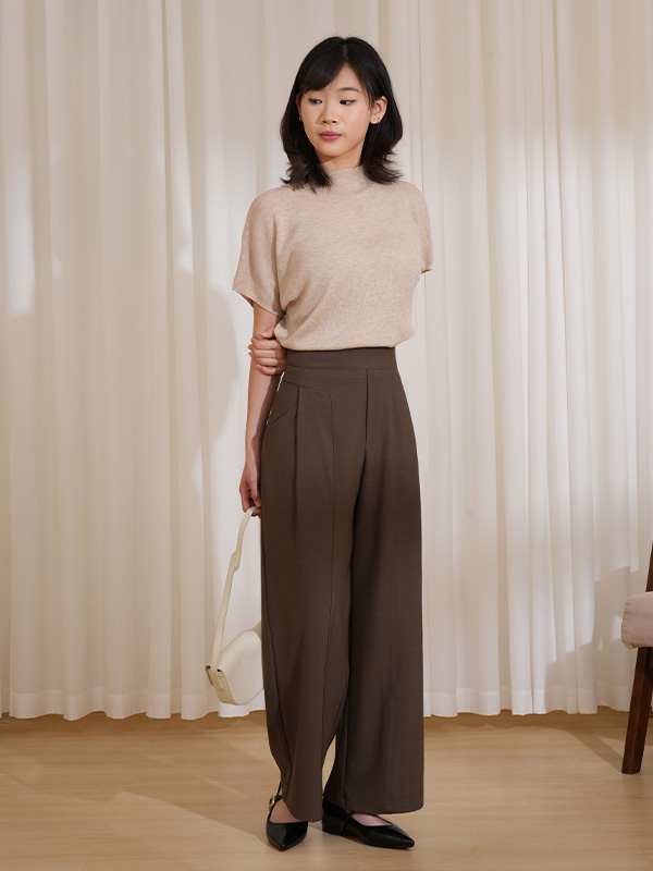 「身長151cm以上向け」レディースウエストゴム仕様落ち感素材美脚見えカジュアルなワイドパンツ
