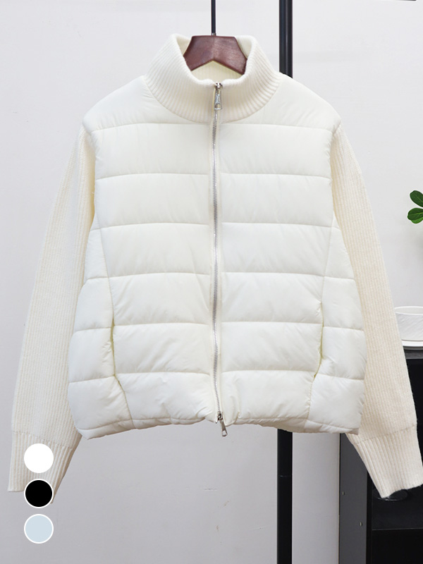 秋冬向けゆったりダブルファスナー厚手ニット切り替え中綿ジャケット