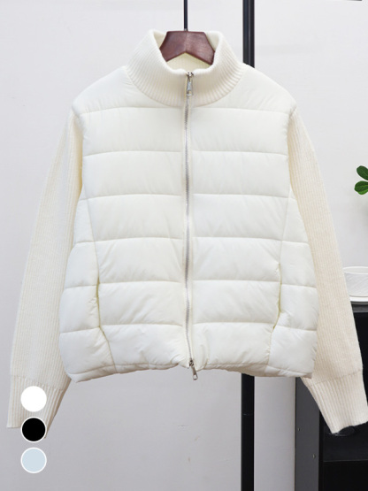 秋冬向けゆったりダブルファスナー厚手ニット切り替え中綿ジャケット