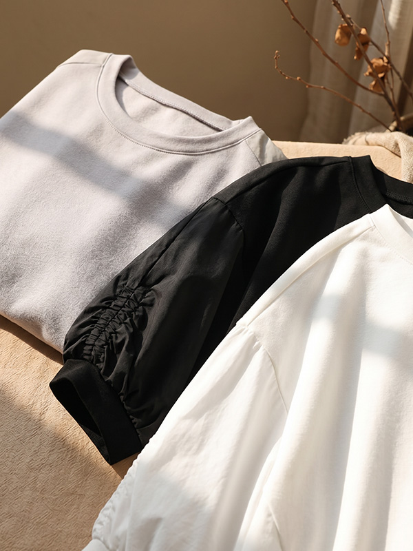 すっきり見えバルーンスリーブイレギュラーヘム切り替え五分袖Tシャツ