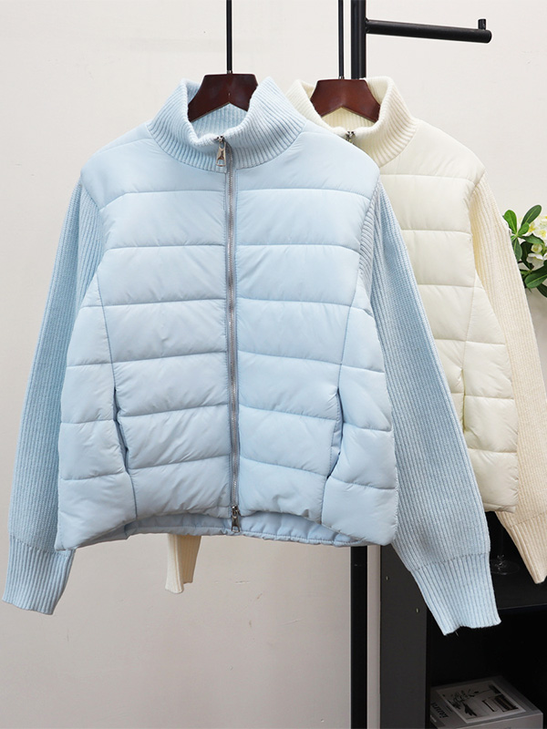 秋冬向けゆったりダブルファスナー厚手ニット切り替え中綿ジャケット