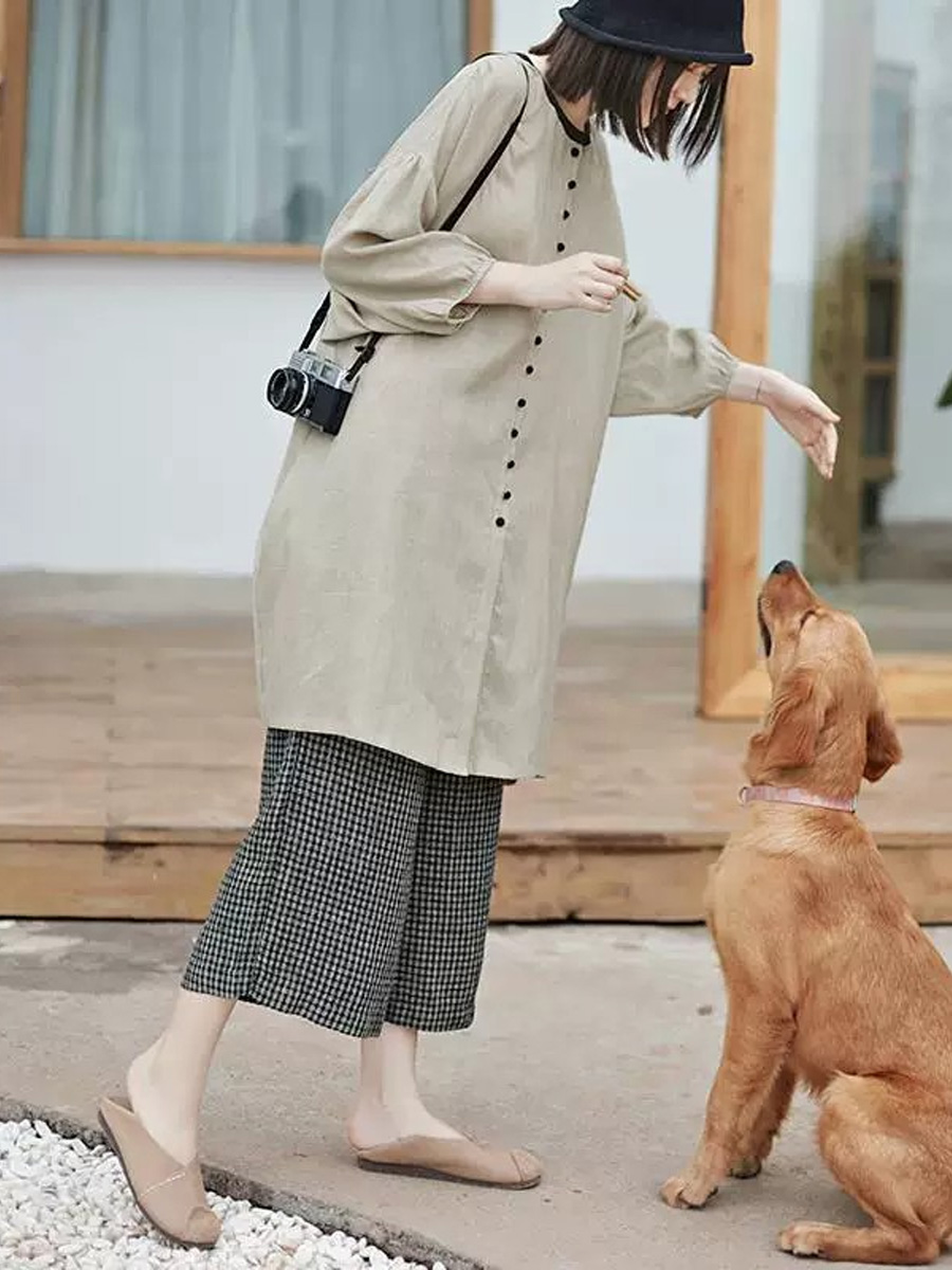 リネンパフスリーブシングルブレストポケット付きロングシャツ