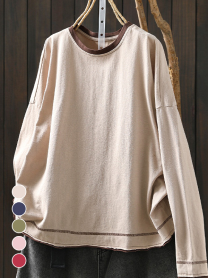 レトロ風細見え配色コットンプルオーバーTシャツ