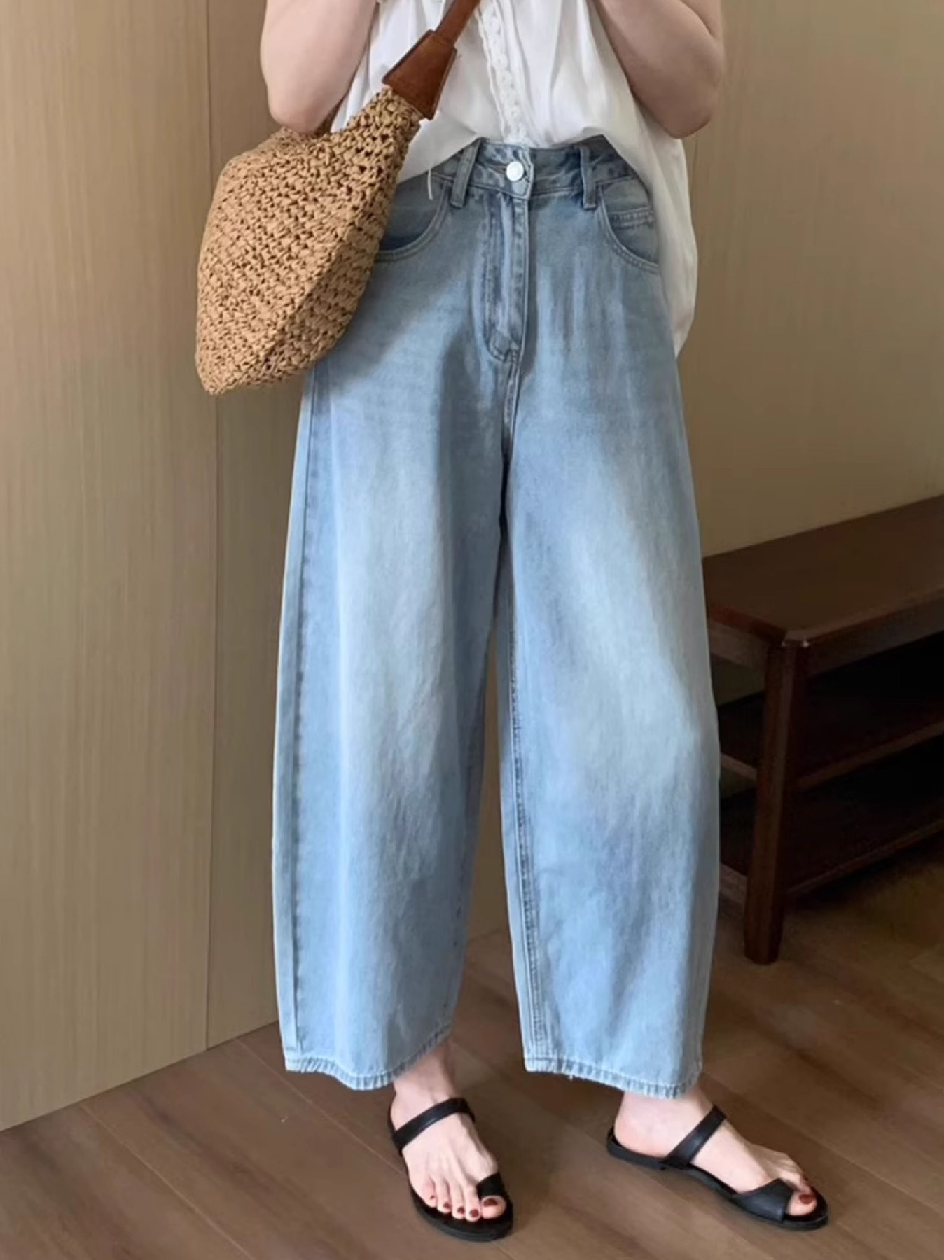 「身長147cm以上向け」小柄さん向けハイウエストゆったりデニムバナナパンツ