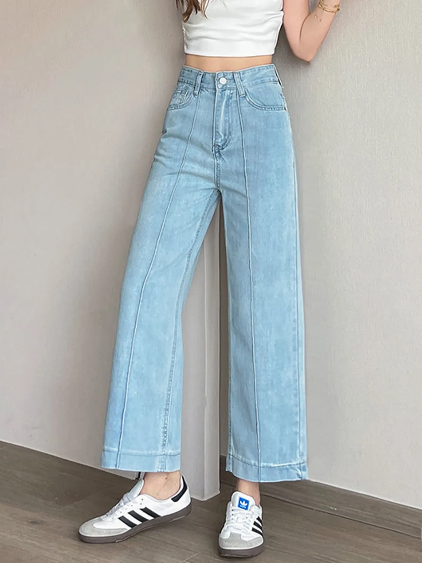 低身長向けハイウエスト細見えストレートデニムパンツ