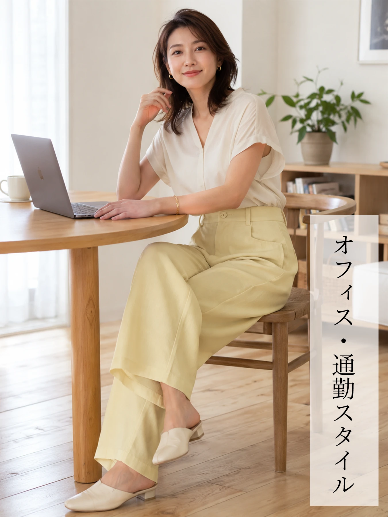 「身長148cm以上向け」ゆったり落ち感のあるシングルボタン付きすっきり見え冷感パンツ