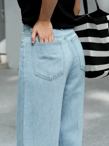 「身長145cm以上向け」低身長向けハイウエスト細見えストレートデニムパンツ