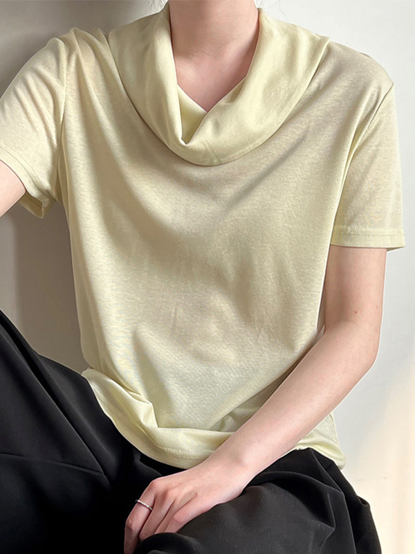 シンプルなデザインくしゅっとネック薄手半袖Tシャツ