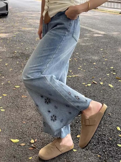 「身長145cm向け」ゆったりレース刺繍入りハイウエスト細見えデニムパンツ-Sodemai