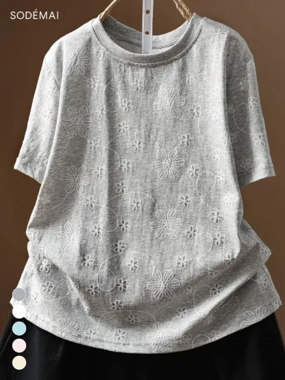 ゆったり花柄刺繍入りコットン半袖Tシャツ