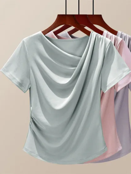 高級感溢れるドレープネックすっきり見え半袖Tシャツ 