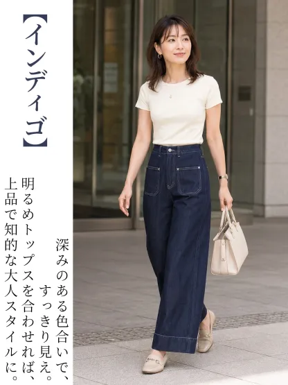 小柄向けすっきり見えハイウエストストレートデニムパンツ 