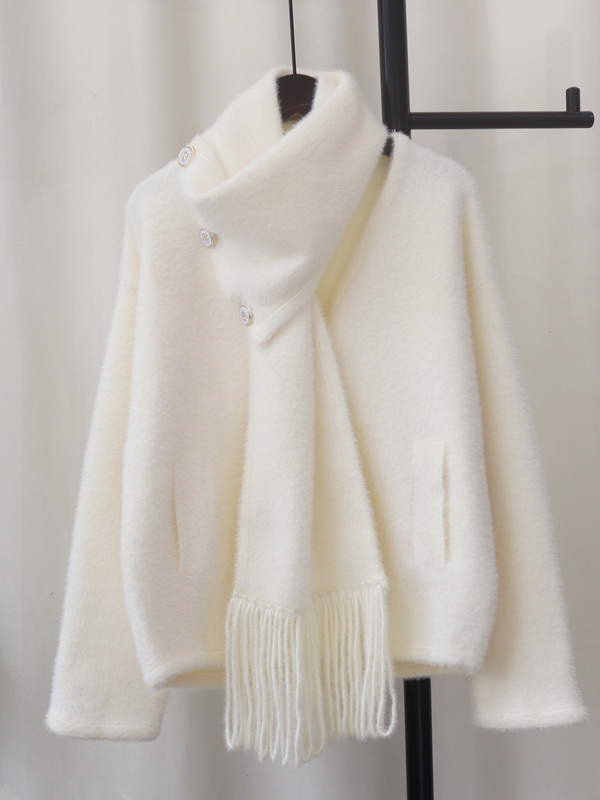 冬向け取り外し可能ストール付きゆったりミンクタッチニット