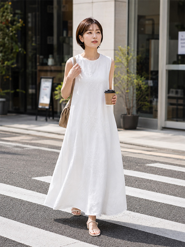 ゆったりシルエット細見え刺繍入り ノースリーブワンピース