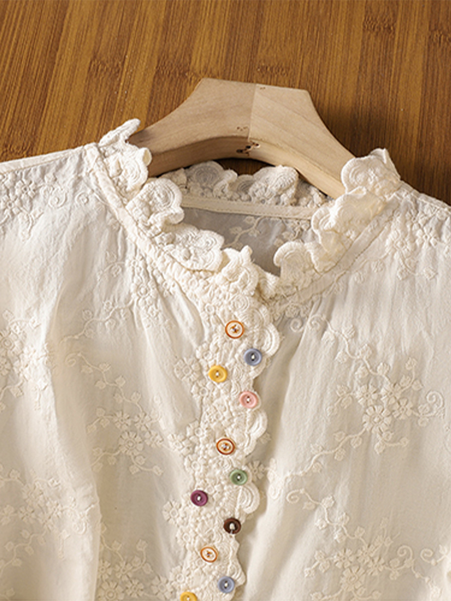 初秋用レトロフリル刺繍ジャカードカジュアルシャツ-Sodemai