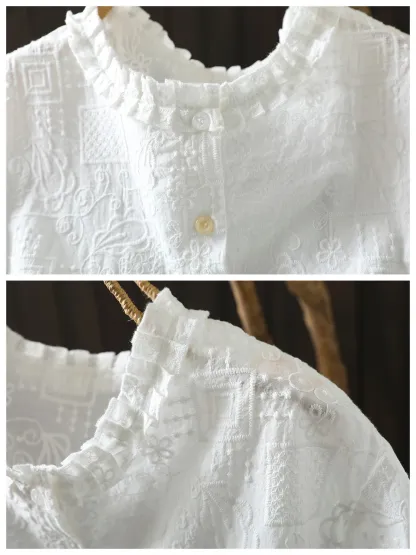 フリルネック刺繍ジャカード半袖ブラウス