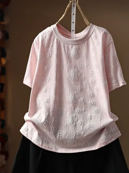 ゆったり花柄刺繍入りコットン半袖Tシャツ