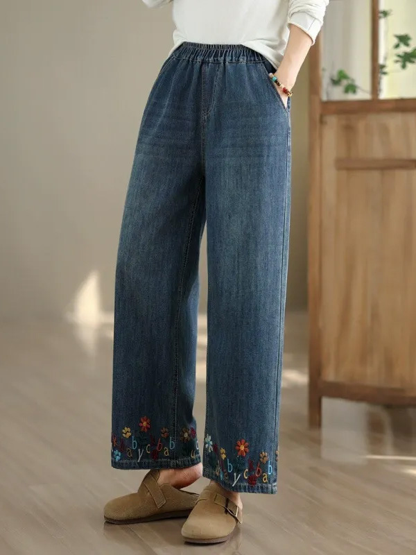 「身長145～160cm向け」レトロ刺繍入りワイドデニムパンツ-Sodemai