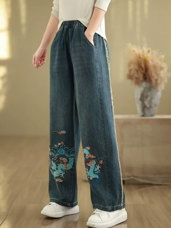 「身長145～160cm向け」レトロ刺繍入りワイドデニムパンツ-Sodemai