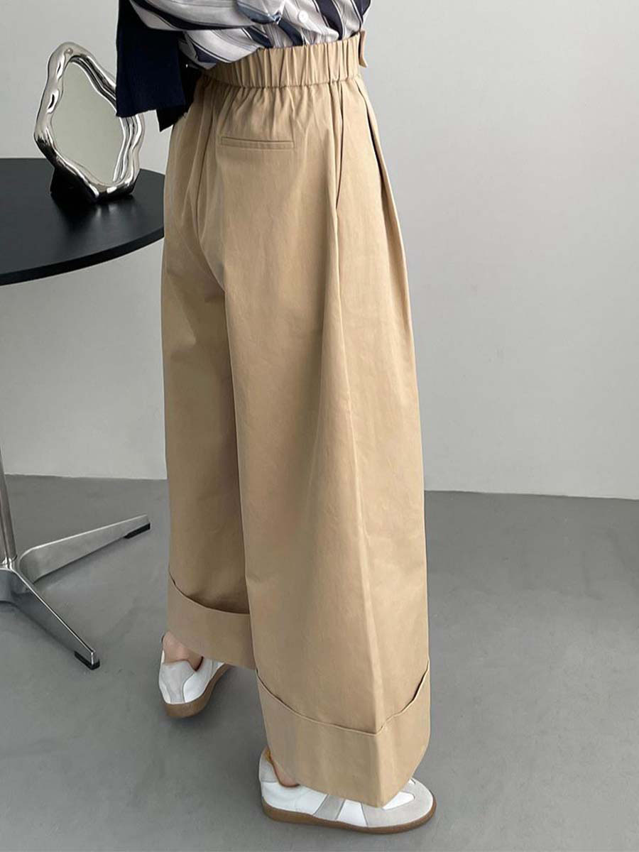 「身長148cm向け」秋ロールアップゴムハイウエストワイドパンツ-Sodemai