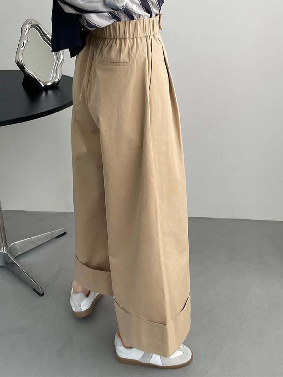 「身長148cm向け」秋ロールアップゴムハイウエストワイドパンツ-Sodemai