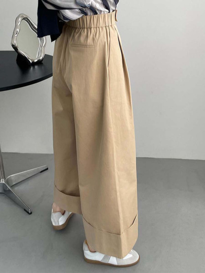 「身長148cm向け」秋ロールアップゴムハイウエストワイドパンツ-Sodemai
