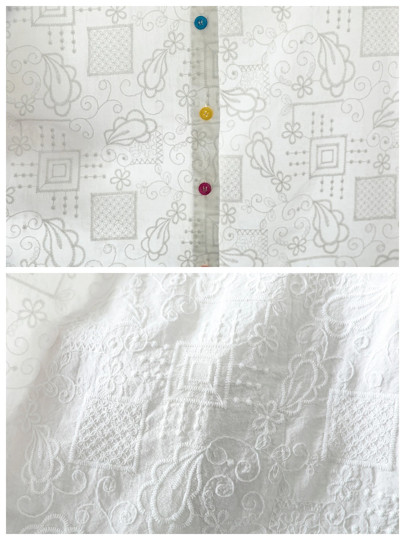 フリルネック刺繍ジャカード半袖ブラウス