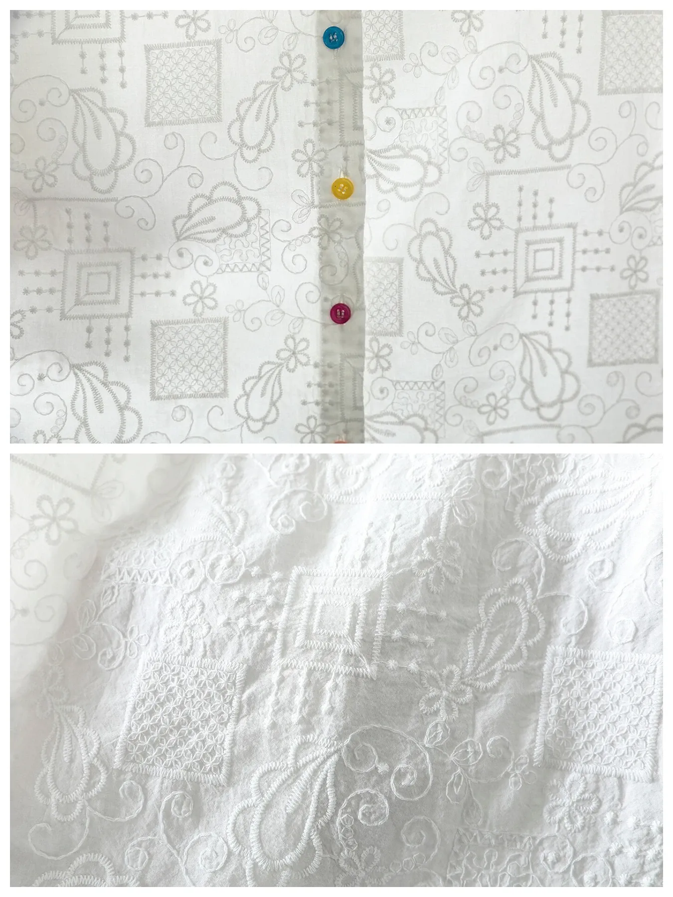 フリルネック刺繍ジャカード半袖ブラウス