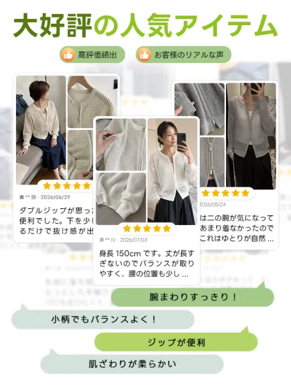 気品漂うラウンドネック透かし編みジップアップ仕様ニットカーディガン 