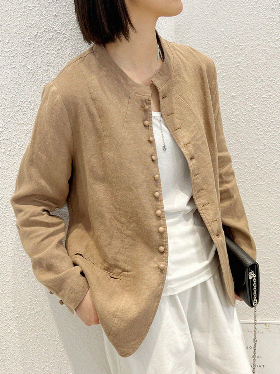 コットンリネンカジュアルスタンドカラーテーラードジャケット – Sodemai