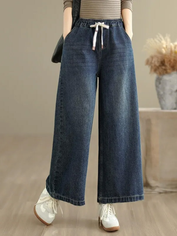 「身長145～160cm向け」レトロ刺繍入りワイドデニムパンツ-Sodemai