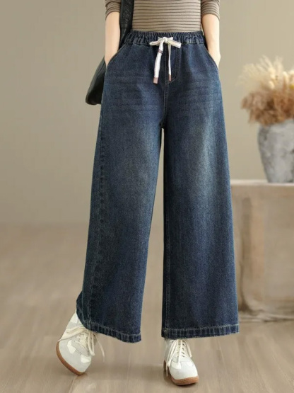 「身長145～160cm向け」レトロ刺繍入りワイドデニムパンツ-Sodemai