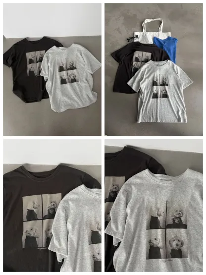ゆったり着回し力抜群犬柄プリント入り半袖Tシャツ