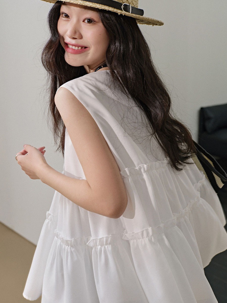 夏ノースリーブキクラゲ裾レイヤード風ブラウス-Sodemai