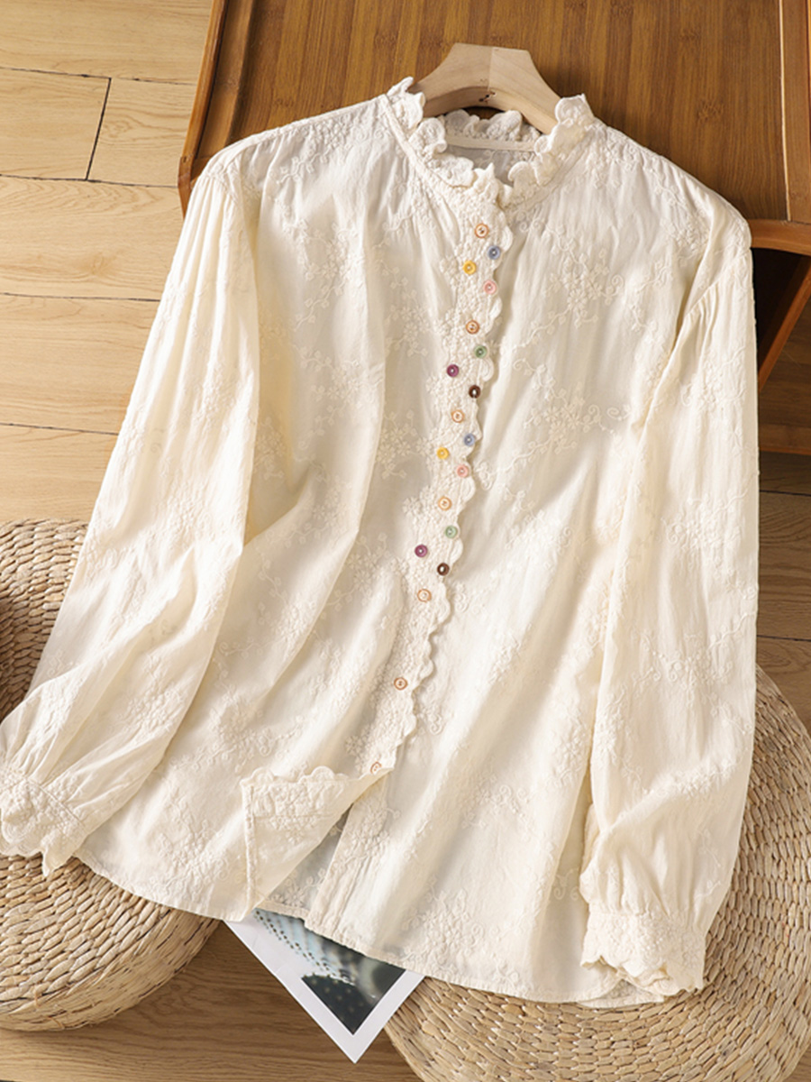 初秋用レトロフリル刺繍ジャカードカジュアルシャツ-Sodemai
