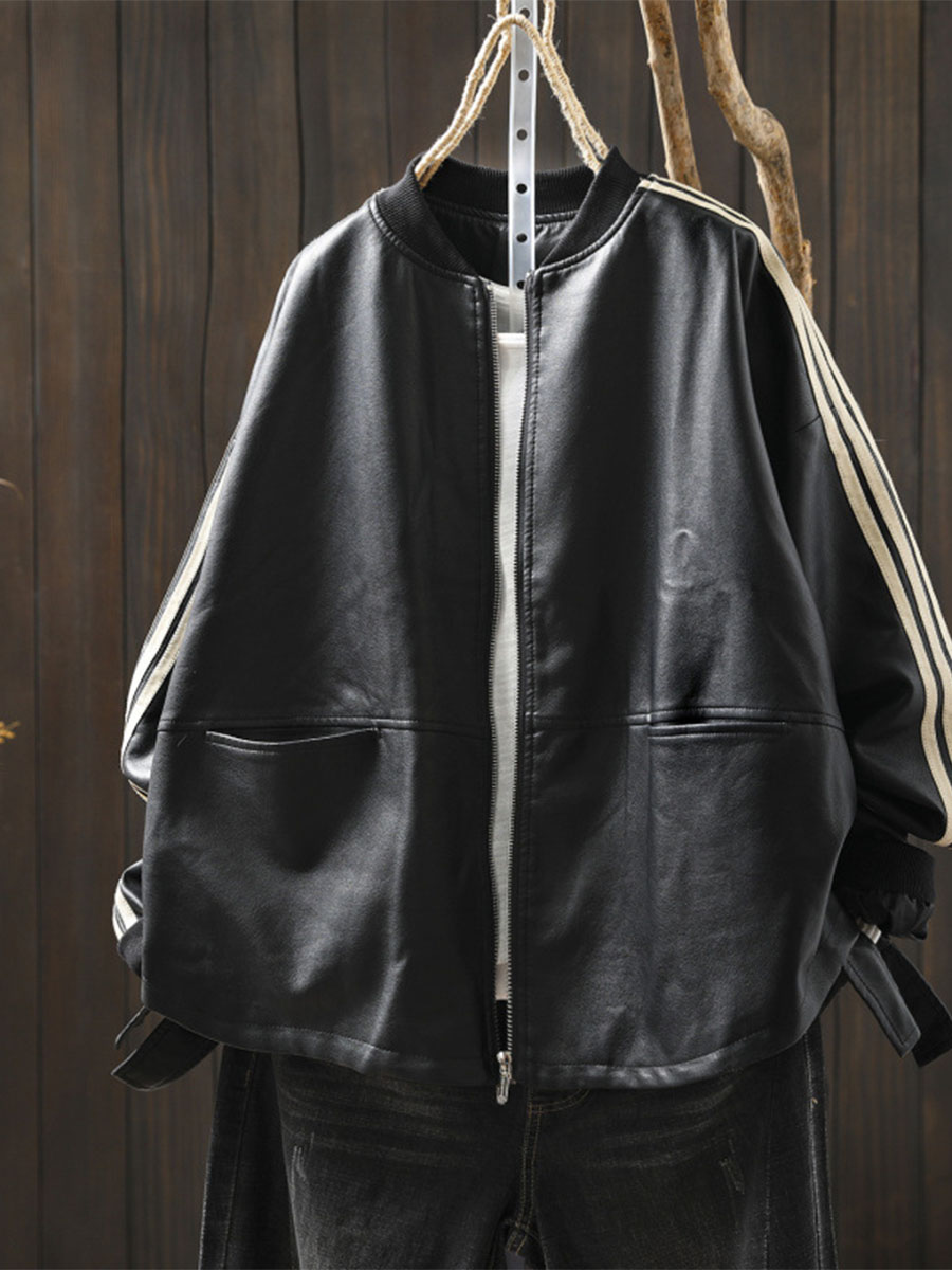 細見えジップアップPUレザージャケット-Sodemai