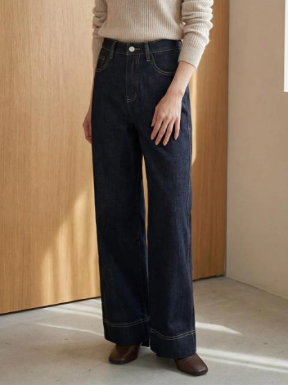 「身長148cm以上向け」小柄さん向け ハイウエストゆったりストレートデニムパンツ