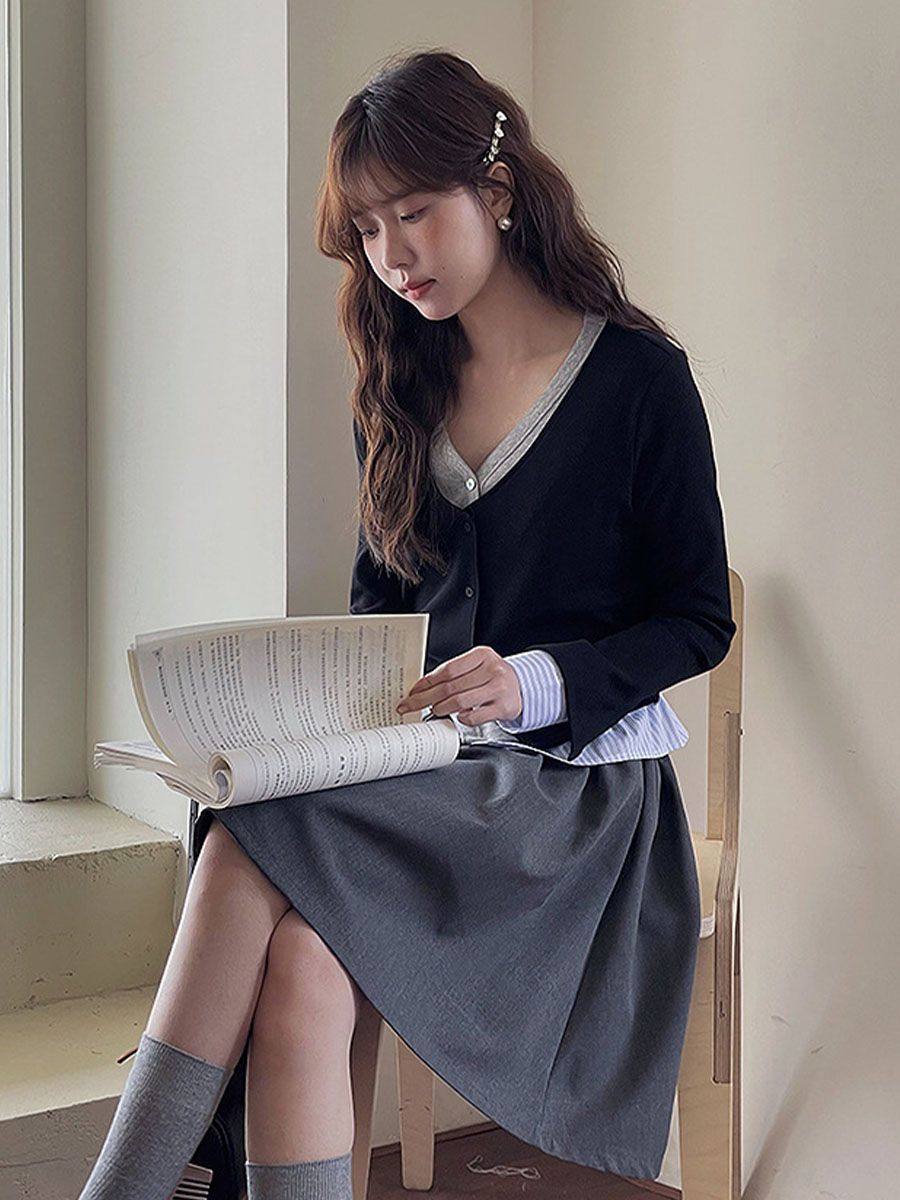 春秋コントラストカラーフェイクレイヤード長袖ニットトップス – Sodemai