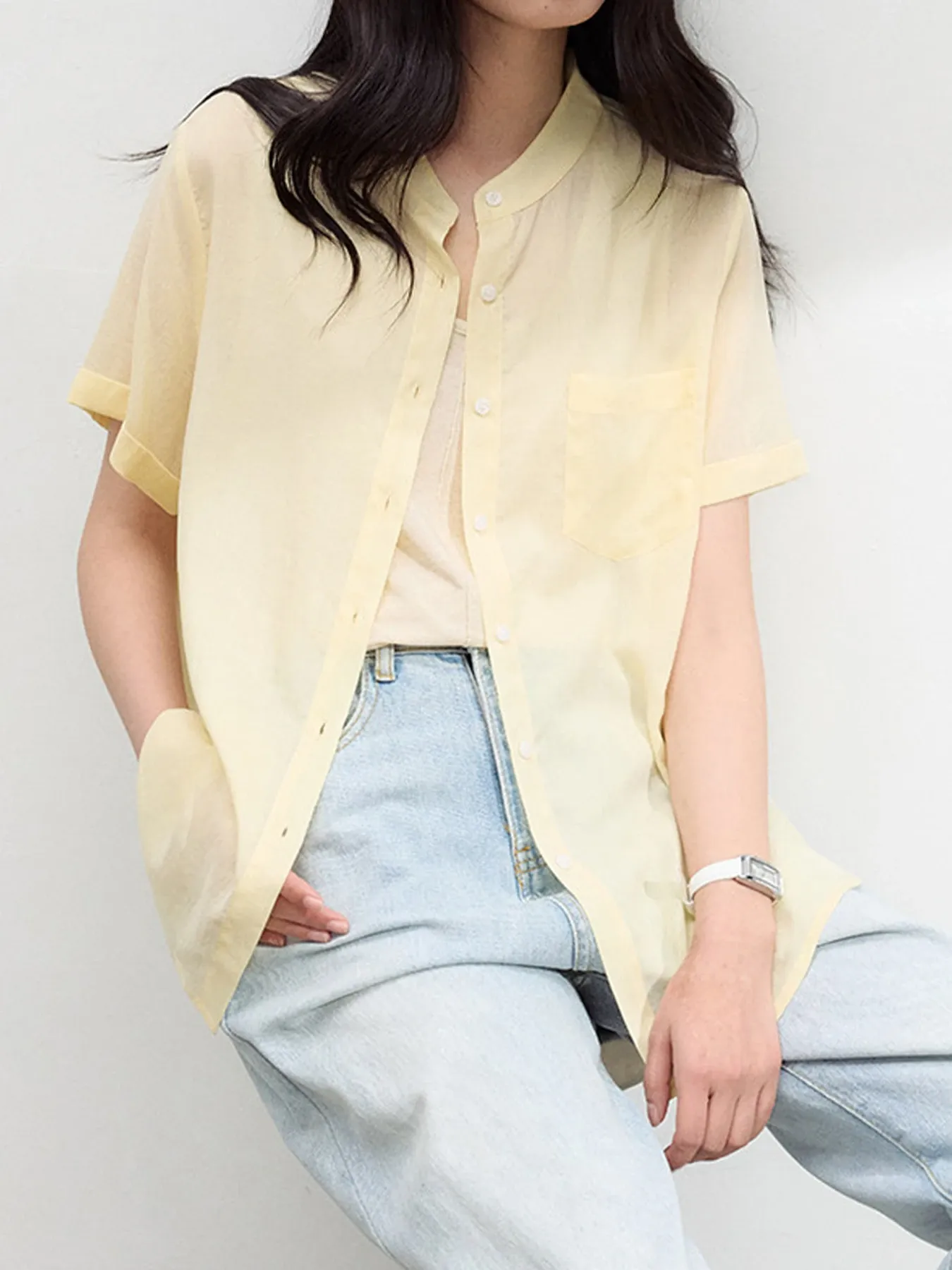 シンプルなリヨセルリネン半袖シャツ