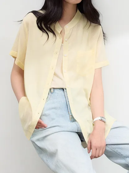 シンプルなリヨセルリネン半袖シャツ