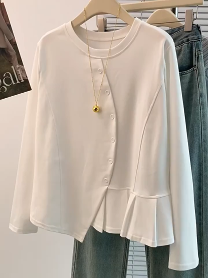 無地ソフトなアシンメトリーデザイン長袖Tシャツ