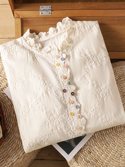 初秋用レトロフリル刺繍ジャカードカジュアルシャツ-Sodemai