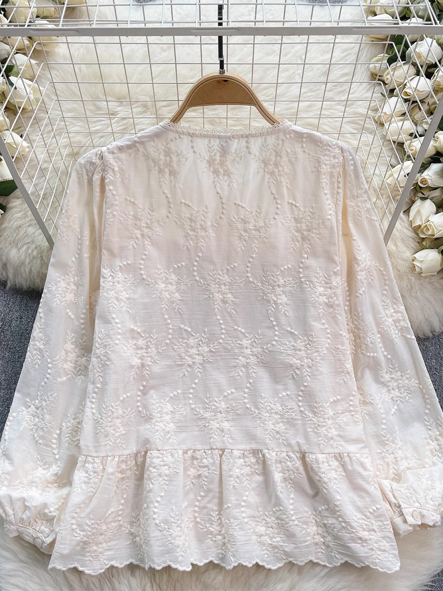 大人可愛い刺繍ゆったりコットンブラウス-Sodemai