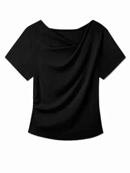 高級感溢れるドレープネックすっきり見え半袖Tシャツ 