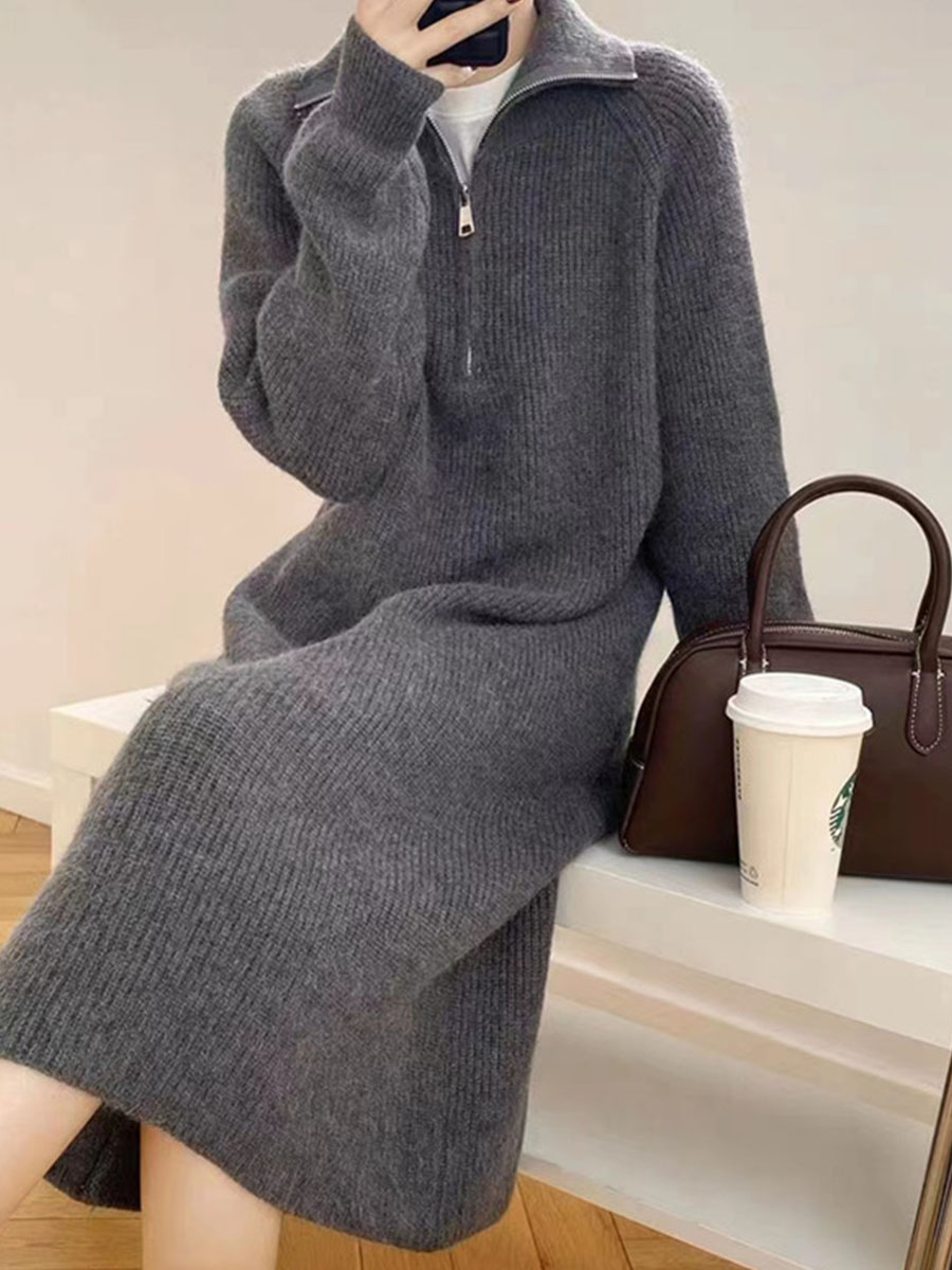 膝下ミディアムロング折り襟ゆったりニットワンピース-Sodemai